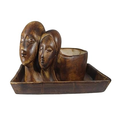 Lasaki Couple with Tray Plate Ceramic Pots (15x9x13 cms, Multicolour)