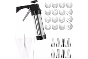 inoske Stainless Steel Churro Maker, Spritz Cookie Press Gun Kit 16 Cookie Discs & 8 Tips & 1 Brush & Piping Bag for Home DIY