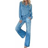 Dmxedts Womens Denim Pajama Set, Soft Stretch Lounge Sleepwear with Button Top and Wide Leg Pants, Relaxed Jean Style PJs