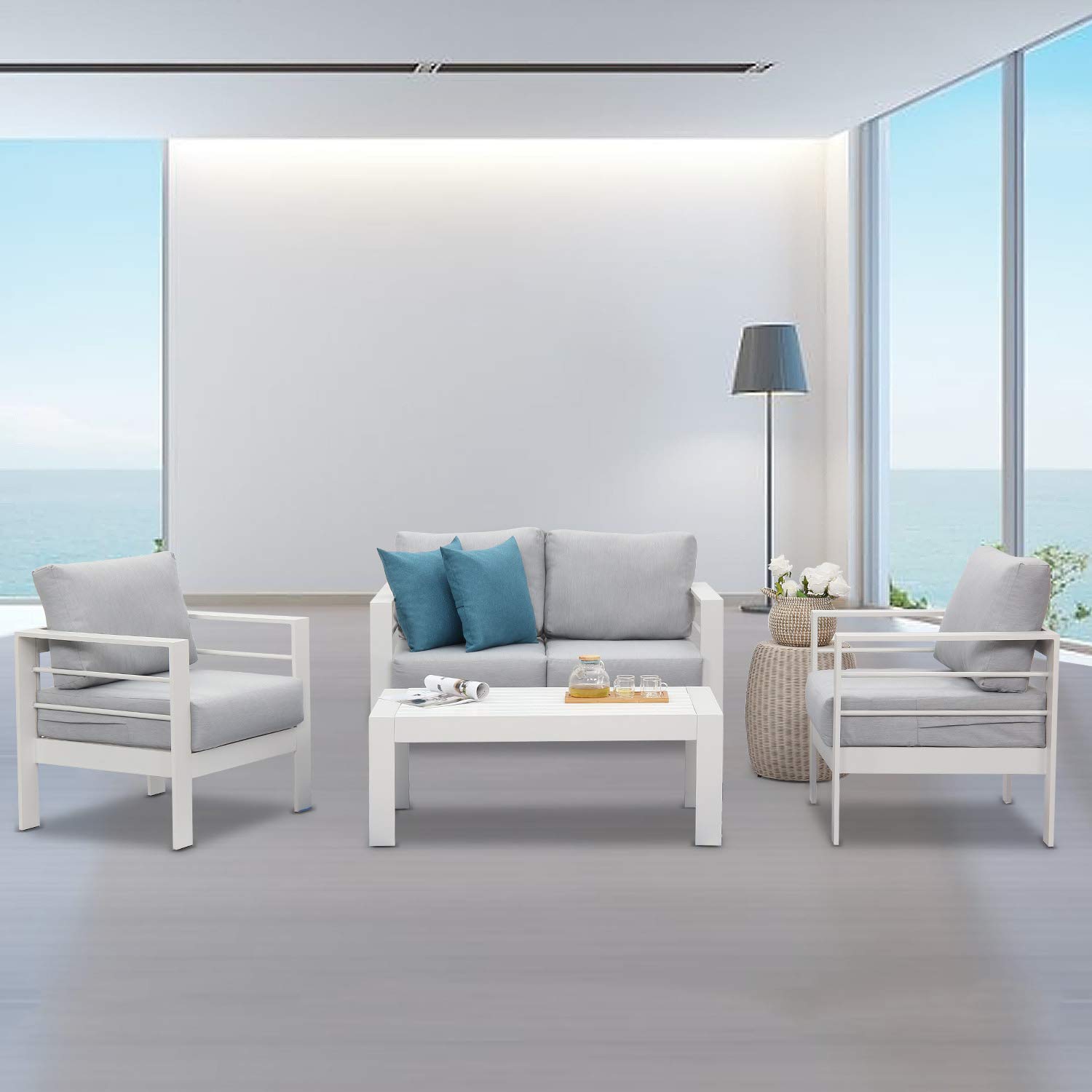 Wisteria Lane Patio Furniture Aluminum Loveseat, All-Weather Outdoor 2 Seats Sofa Couch, White Metal Chair with Light Grey Cushions