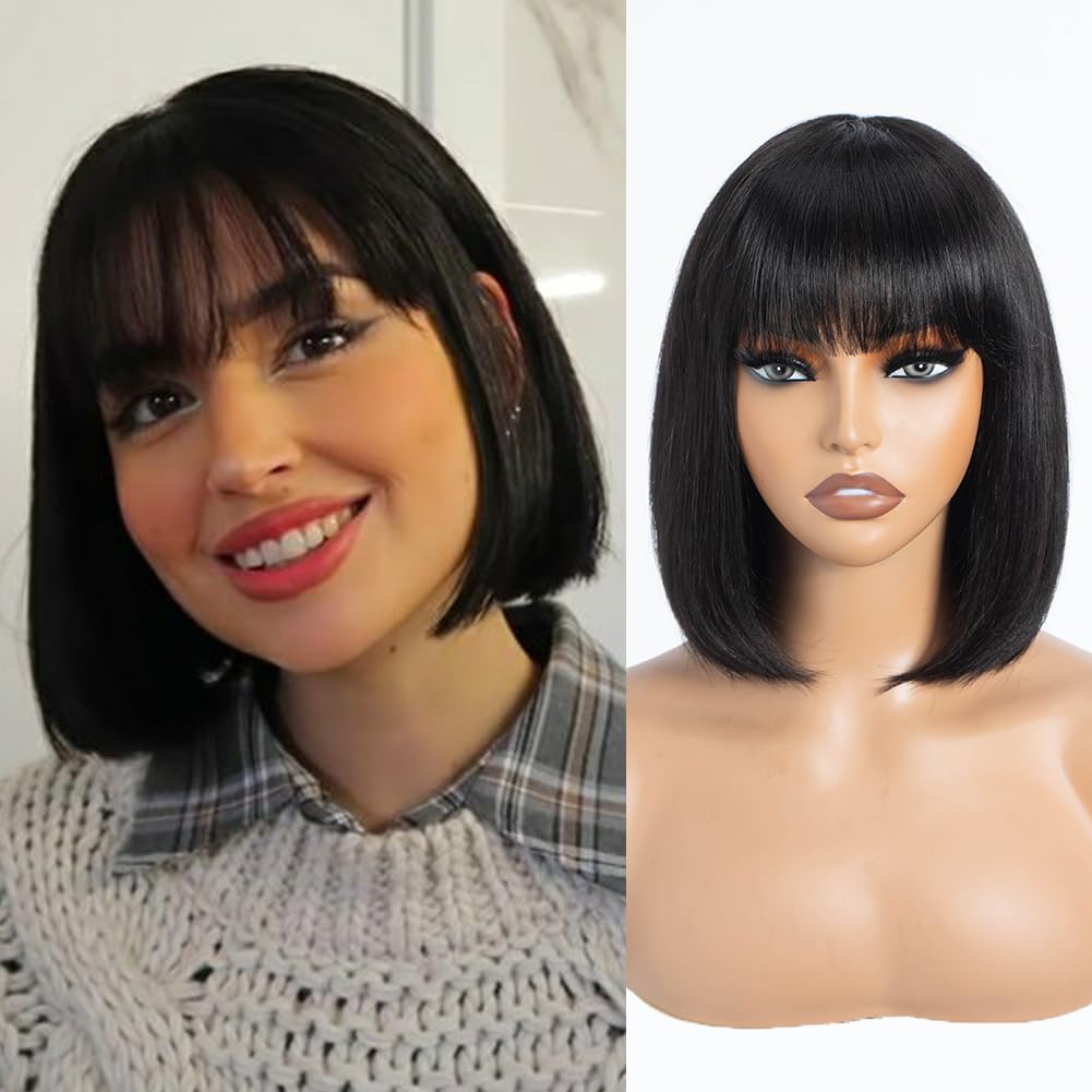 DÉBUT human hair Bob Wig with Bangs Short Straight Wigs for Women Pixie Cut 150% Density Brazilian Virgin Remy Hair（10 inches,1B）