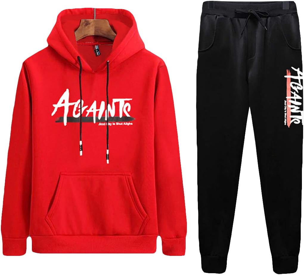 Men's Casual 2 Piece Outfits Long Sleeve Hooded Sweater Top& Pants Jumpsuit Set