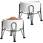 Kitwinney Elevated Dog Bowls, Ceramic Raised Dog Bowl Set with Anti-Slip and Non-Tip Metal Stand, 2 Pack Pet Food and Water Feeding Bowls for Small and Medium Dogs (White,3.6 Cups)