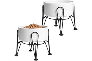 Kitwinney Elevated Dog Bowls, Ceramic Raised Dog Bowl Set with Anti-Slip and Non-Tip Metal Stand, 2 Pack Pet Food and Water Feeding Bowls for Small and Medium Dogs (White,3.6 Cups)