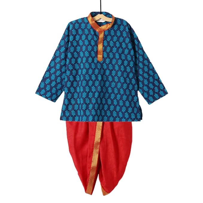 Bownbee By Hopscotch Boys Milk Fiber Little Kiddo Sanganeri Dhoti Kurta In Blue Color