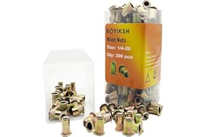 Rivet Nuts, Boyiksh 300pcs #1/4-20， Carbon Steel Rivet Nut Assortment Kit, Yellow Zinc Finish, Flat Thread Insert Nut Assortment