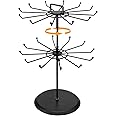 MyGift 2 Tier Black Metal Rotating Necklace and Bracelet Organizer Jewelry Stand with 24 Hooks, Multipurpose Accessory and Keychain Spinning Display Rack with Top Handle Card Holder