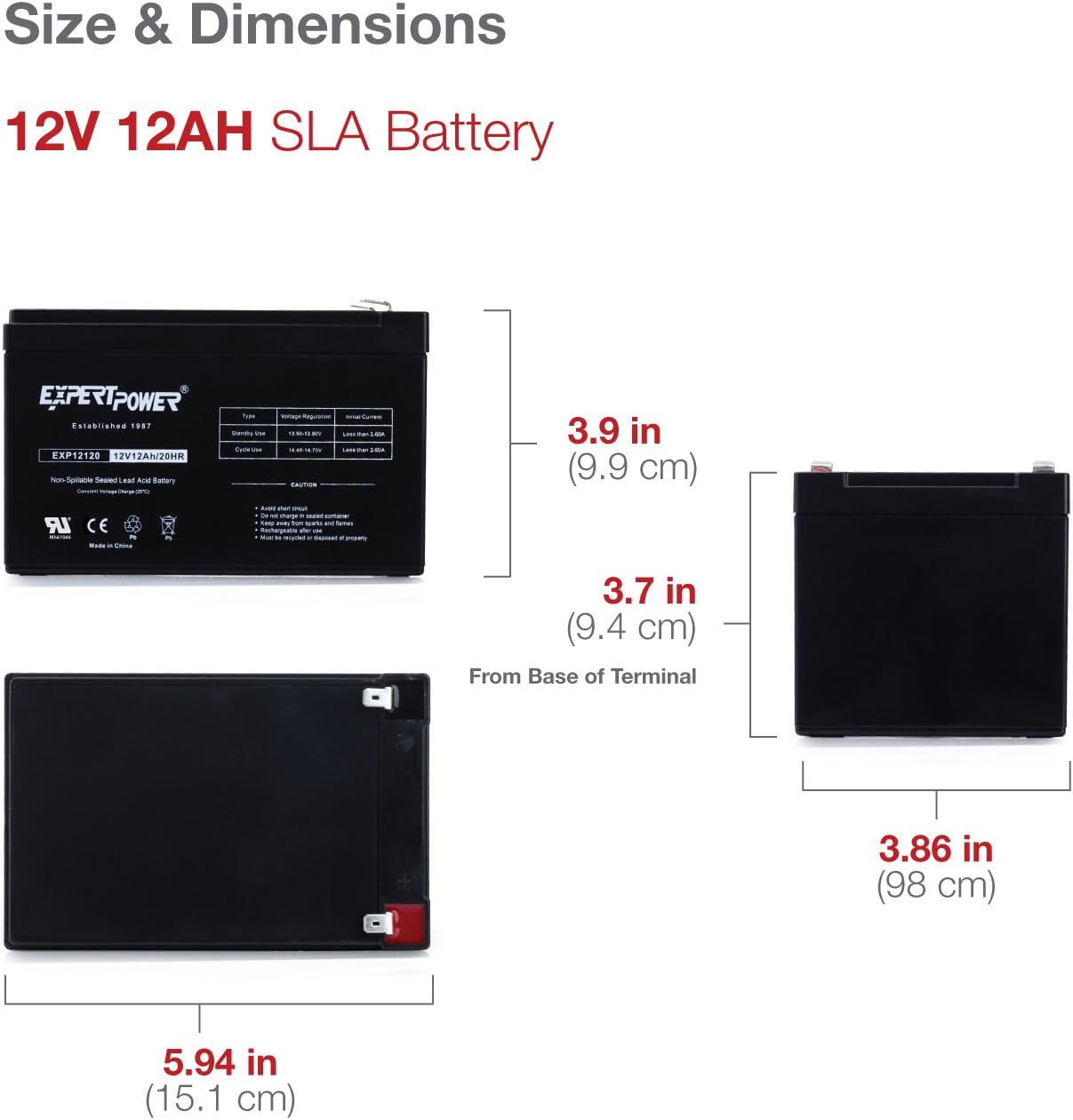 ExpertPower 12V 12AH Sealed Lead Acid (SLA) || LW-6FM12S, LHR12-12, HR1251W, GPS12-12F2 and BP12-12 Replacement Battery Black EXP1212: Electronics