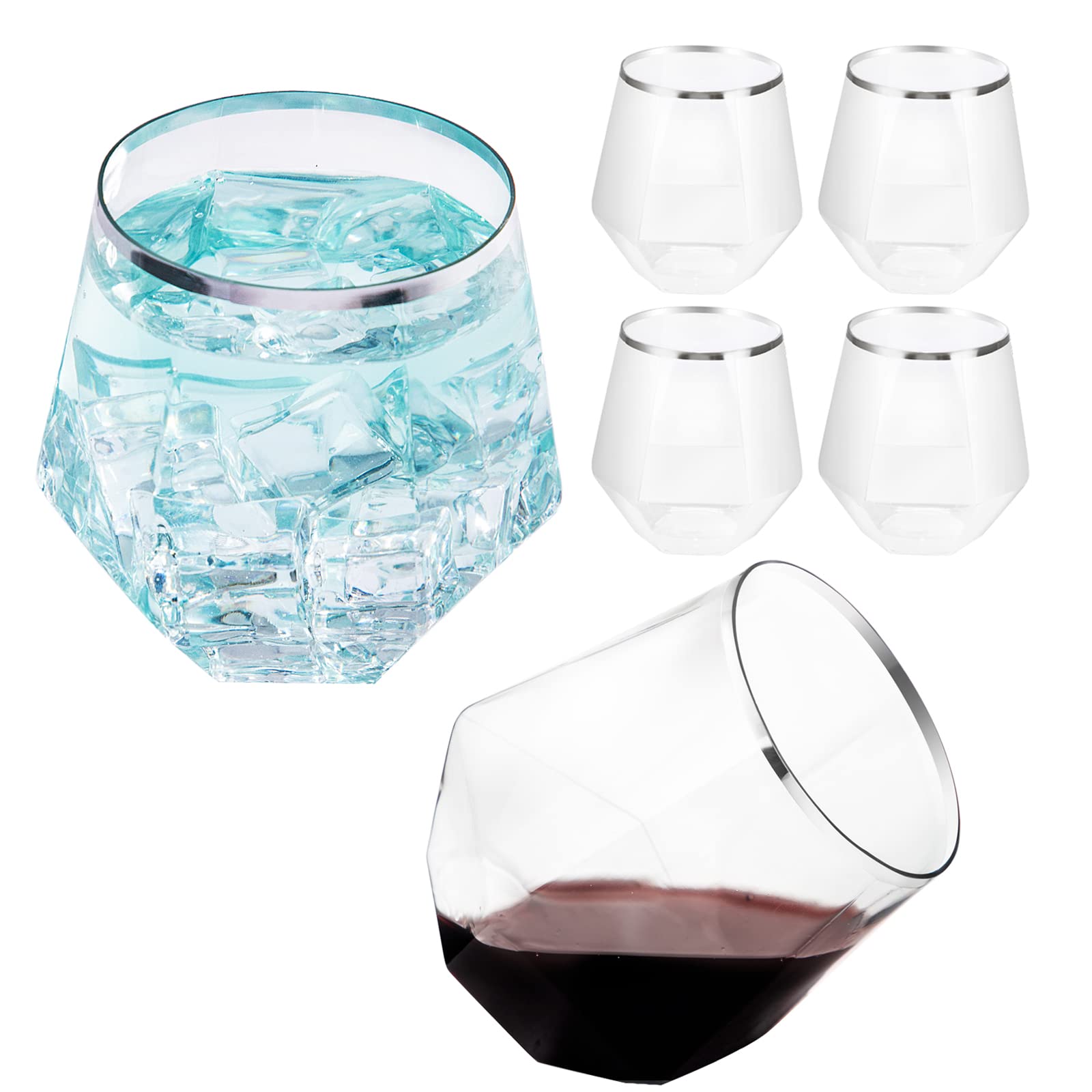 Photo 1 of LUODA Silver Diamond Shaped Plastic Stemless Wine Glasses Set of 24, Disposable 12 Oz Silver Plastic Whiskey Glasses for Birthday, Housewarming and Wedding