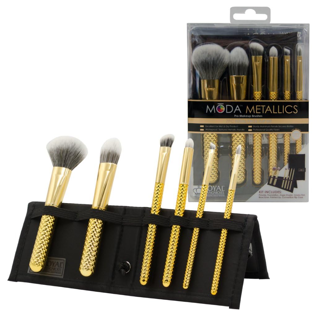 Moda Royal & Langnickel Travel Size Metallics Total Face Makeup Brush Set with Pouch, Includes - Powder, Foundation, Angle Shader, Smoky Eye, Brow Liner and Pointed Lip Brushes, Gold