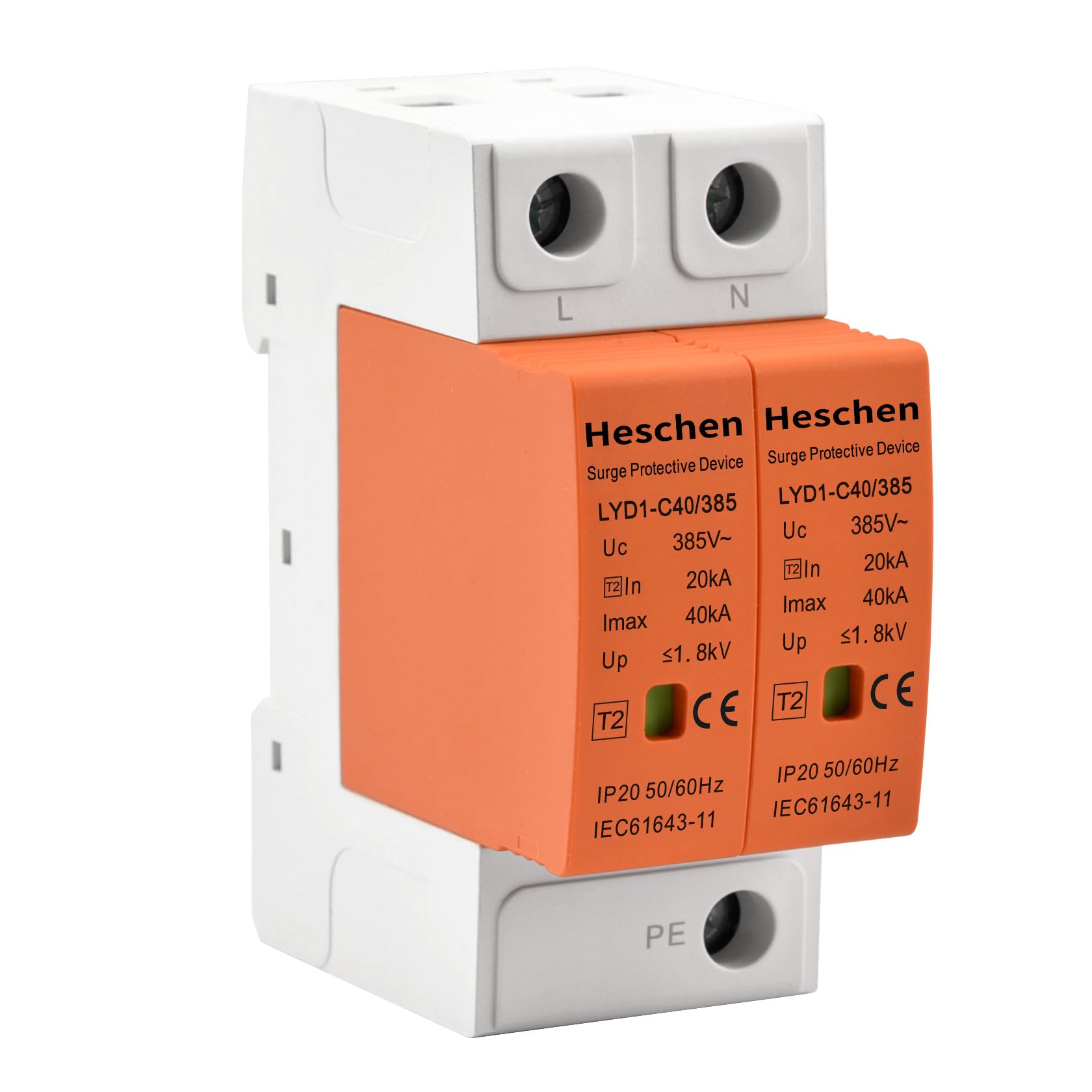 Heschen Surge Protective Device, LYD1-C40/385, 2P 385V 20KA, Fire-Proof, Low-Voltage Arrester, 35mm DIN Rail Mounting