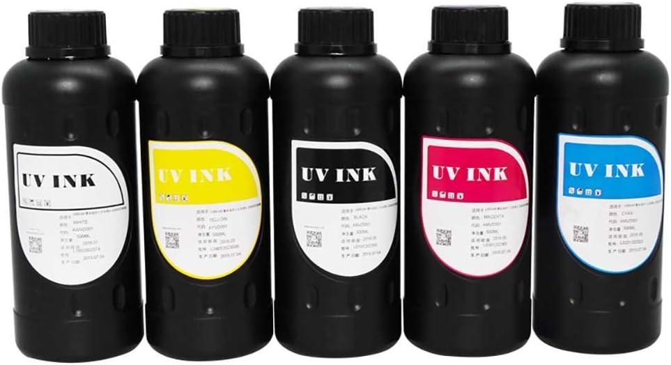 Aomya 5 Bottles UV Ink for UV LED Flatbed Inkjet 3D Printer for UV Printing Machine Curable Ink Work with DX5 DX7 Printer Head 500ml for Hard Material Glass Wood Ceramic