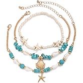 yfstyle 3Pcs Summer Beach Seashell Anklets for Women Starfish Shell Turquoise Beads Ankle Bracelets Adjustable Seashell Ocean Jewelry Gifts