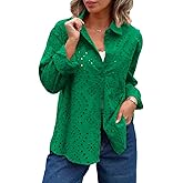 chouyatou Women's Crochet Eyelet Button Down Rolled Up Long Sleeve Boho Shirt Blouse Tops