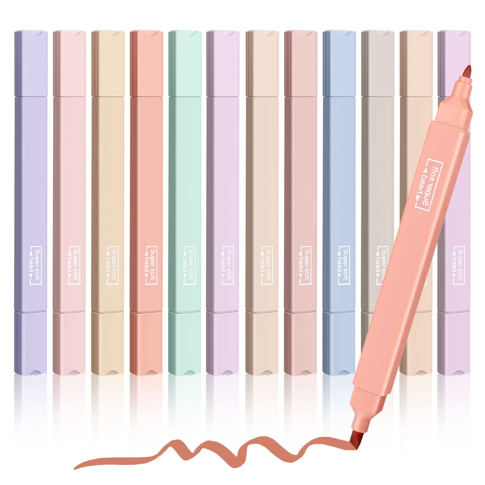 BOOHO 12 Pack Highlighters, Mild Multicolor Aesthetic Cute Pastel Highlighter, Dual Tips Marker Pen No Bleed Dry Fast Easy to Hold for Student School Office Supplies Cute Stationery（Square）