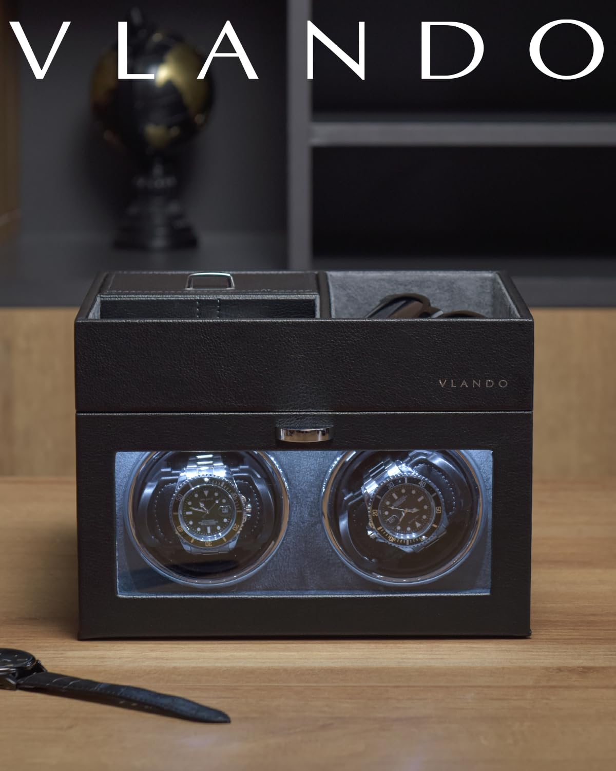 Vlando Automatic Double Watch Winder for Men - Watch Winder Box with Jewelry Organizer Tray for Father Husband Dad, Japanese Quiet Motor, LED Light, Adjustable Watch Pillows - Black