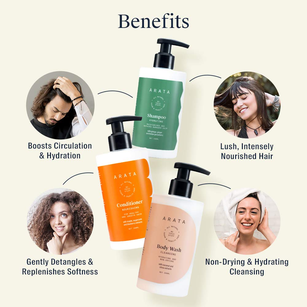 Arata Natural Deep Hydration Combo Therapy For Men & Women With Hydrating Shampoo,Body Wash & Conditioner || All Natural & Cruelty Free || Intensely Nourished Hair & Non Toxic Skin Care