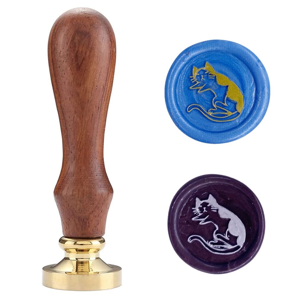 Lovely Cat Wax Seal Stamp Vintage Retro Sealing Stamp with 25mm Removable Brass Head & Wood Handle for Envelopes/Party Invitation/Wine Packages/Gift Packing/Greeting Cards