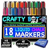Crafty Bot Pack of 18 Liquid Chalk Markers, 48 Chalk Board Labels, Microfiber Cloth, With Reversible and 6mm Spare Tips, Assorted Colors