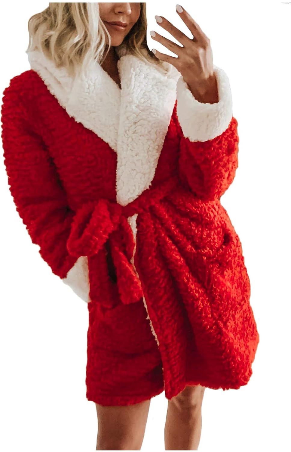 Womens Dressing Gown Fleece Robes Fluffy Bathrobe Long Hooded Christmas