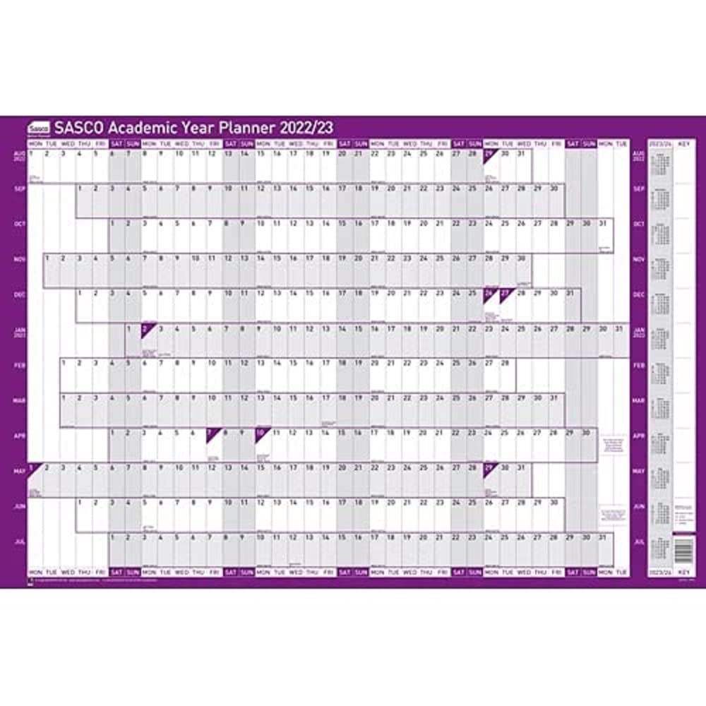 Sasco 2022/23 Academic Year Wall Planner with wet wipe Pen & sticker pack, Purple, Board Mounted, 915W x 610mmH, 2410164