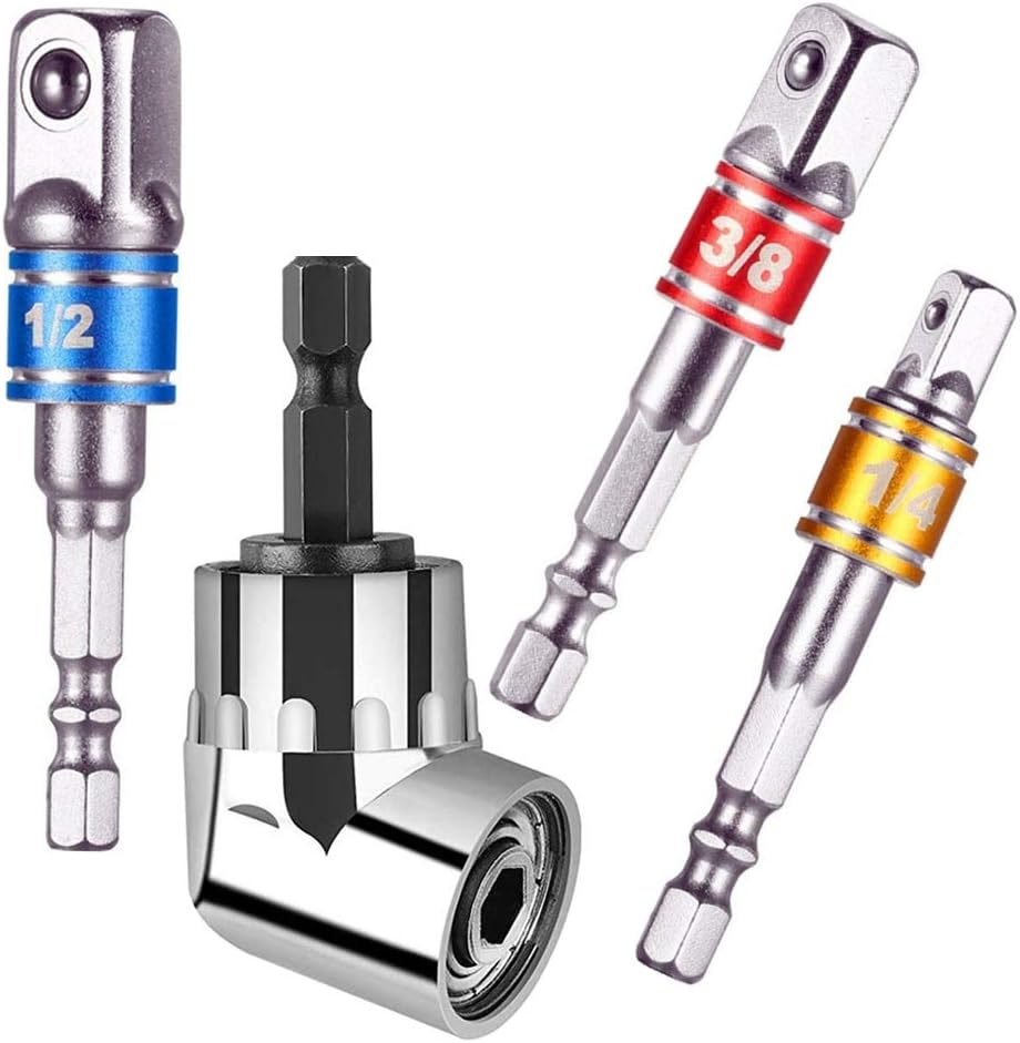 105 Degree Right Angle Drill Screwdriver Set Drill Hex Bit Socket Adapter+3Pcs1/4"3/8"1/2"Hex Shank Impact Grade Driver Sockets Adapter Extension Set Drill Bit,for Universal Socket