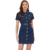 Allegra K Women's Denim Shirt Dress Collar Short Sleeve Belted Button Up Jean Dresses