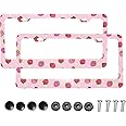 KiuLoam 2 Pcs Set Cute Strawberry Pink Metal License Plate Frame for Women, Auto Decorative Frames Cars Protector Cover Holder for Us Standard Vehicles with 2 Holes and Screws
