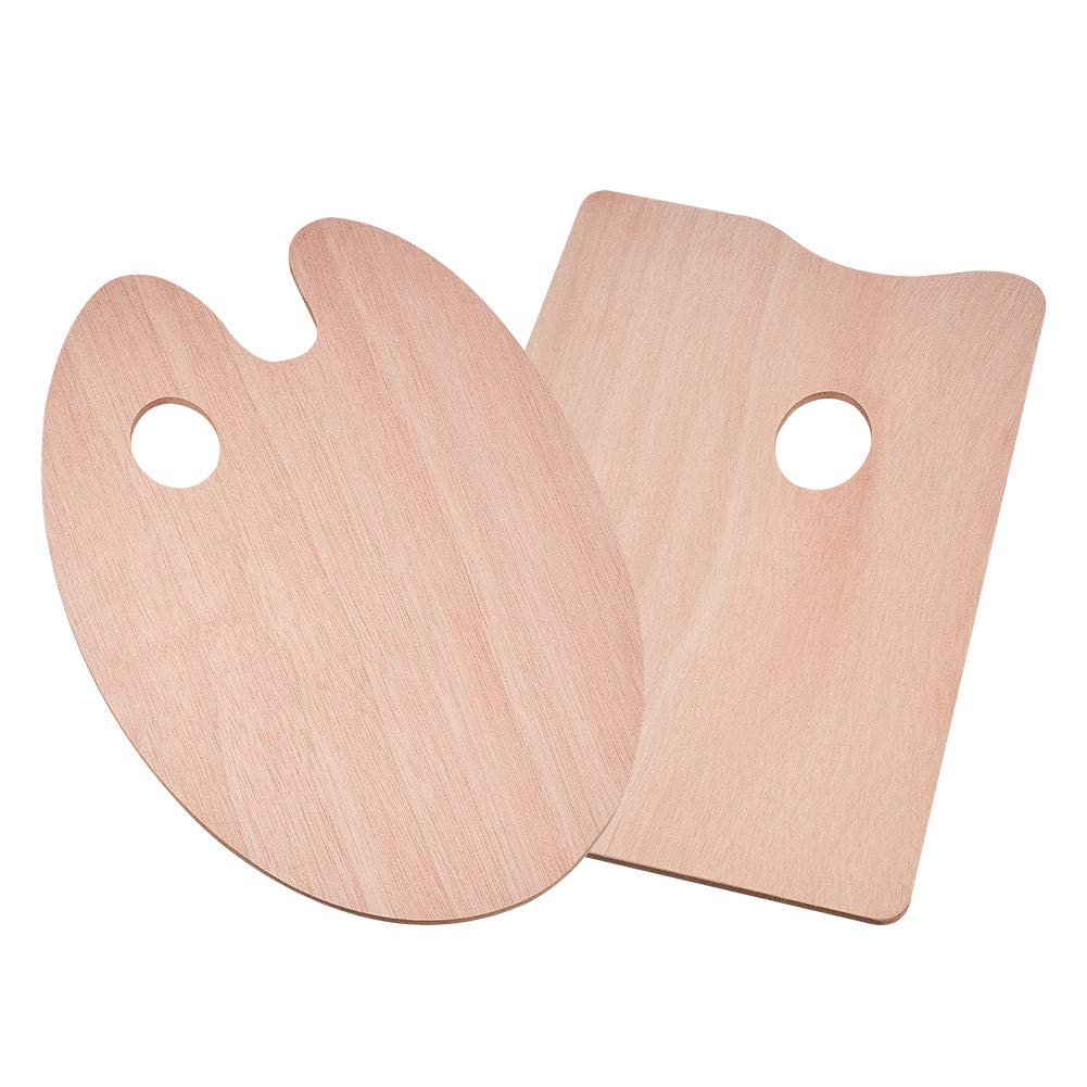 WANDIC Painting Palette, Set of 2 Wood Reusable Oil Paint Palette with Hole Pallet Board for Watercolor Oil Drawing Art Painting Gift
