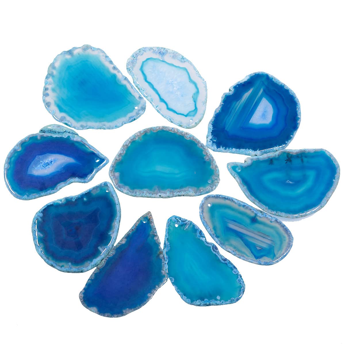 Nupuyai 10pcs Blue Top Drilled Agate Slices, Irregular Polished Geode Agate Stone Pendant for Jewellery Making DIY Artwork, Slab Name Place Cards Set