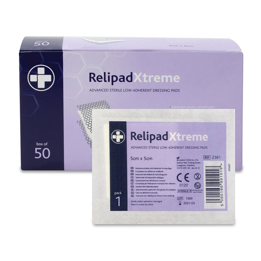 Reliance Medical Sterile Relipad Xtreme Low Adherent Dressing Pads - for Heavy Duty Use with Advanced Absorbency Technology, Double-Sided Design for Maximum Exudate Absorption, 5 cm x 5 cm, Box of 50