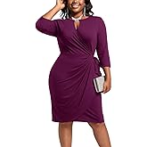 Younrui Plus Size Faux Wrap Bodycon Dress for Curvy Women Keyhole 3/4 Sleeve Sexy Cocktail Midi Wedding Guest Dresses