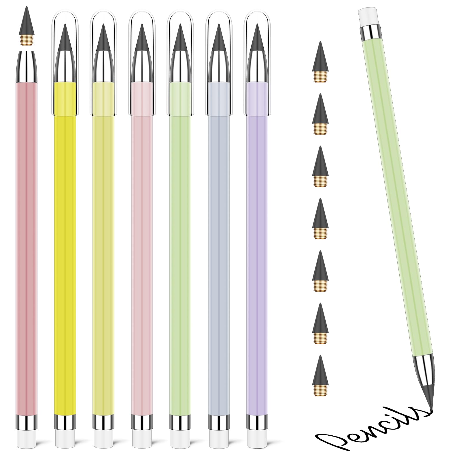 Vicloon Inkless Pencils, 7pcs Everlasting Pencil with Replaceable Nib and White Eraser for Kids, Adults, Home, Office, School Supplies (Pink)