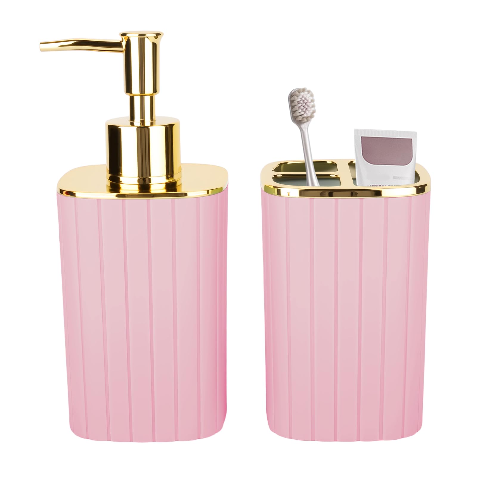 2PCS Bathroom Accessories Set, Pink Bathroom Accessories Include Soap Dispenser and Toothbrush Holder for Boho Bathroom Decor