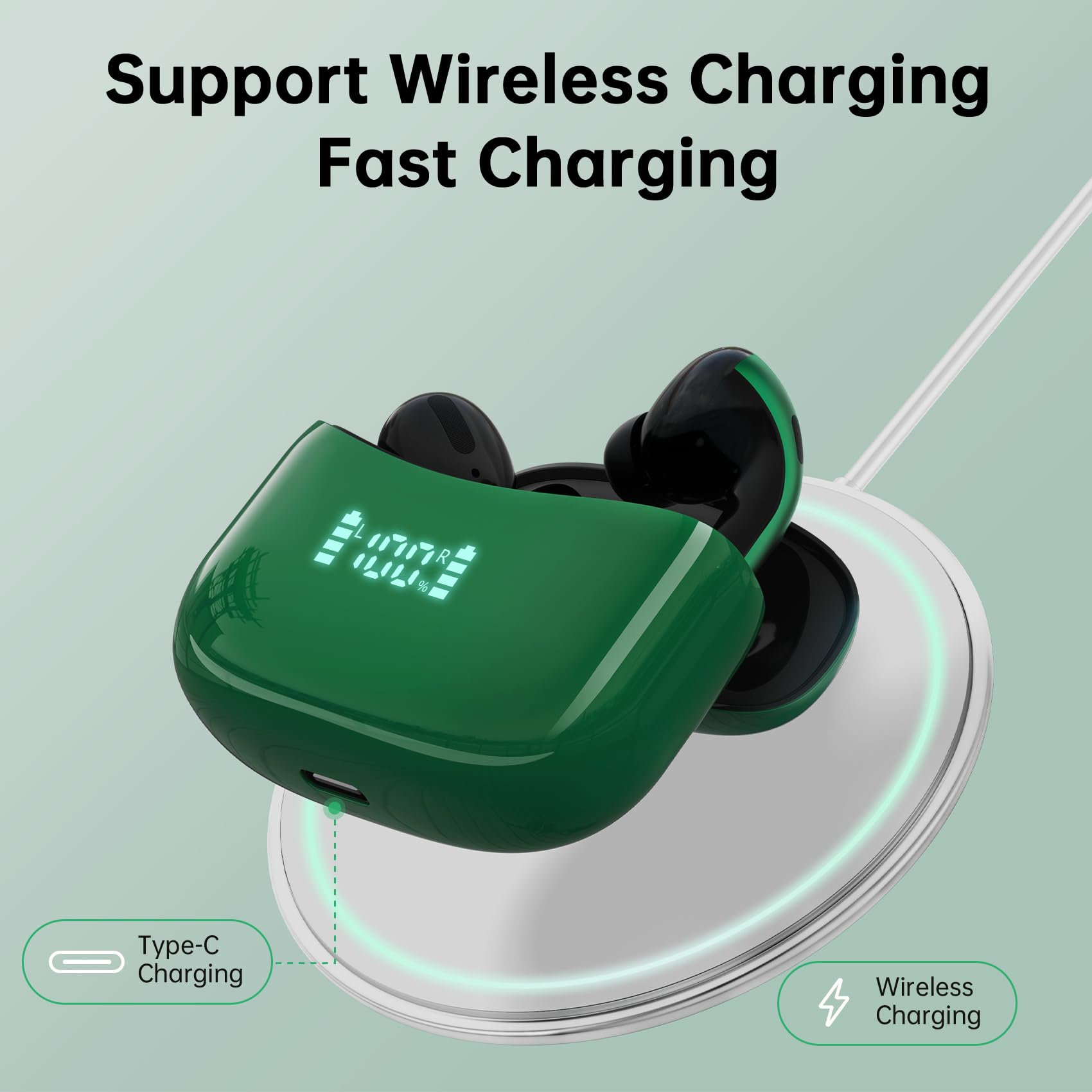 Wireless Earbuds Bluetooth 5.4 Headphones 60H Playtime Bass Stereo Ear Buds with Noise Cancelling Mic LED Display Earbud & in Ear Earphones IP7 Waterproof for Laptop Pad Phones Sports Workout Green M - Image 4