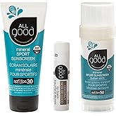 All Good Sport Mineral Sunscreen & Lip Care Bundle - UVA/UVB Broad Spectrum Protection, Reef Friendly, Watertight - Includes (1) SPF50 Butter Stick, (1) SPF30 Lotion, & (1) SPF20 Lip Balm