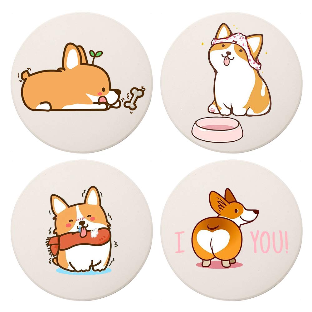 MAYCARI Cute Corgi Coasters Set of 4 with Cork Base Protection, Personalised Round Drink Absorbent Stone Coasters Mug Set Dog Gift for Kinds of Mugs and Cups