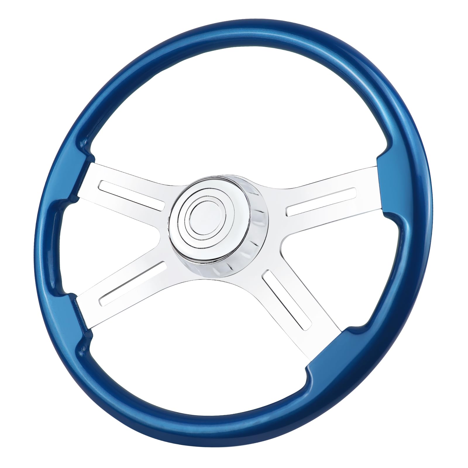 Photo 1 of QYMOPAY 18" Solid Wood lacquering Truck Steering Wheel 4 Spoke Aluminum Chrome Plated Steering Wheel for Semi-Trailers,Trucks for Kenworth,Peterbilt,Volvo, Freightliner (blue)