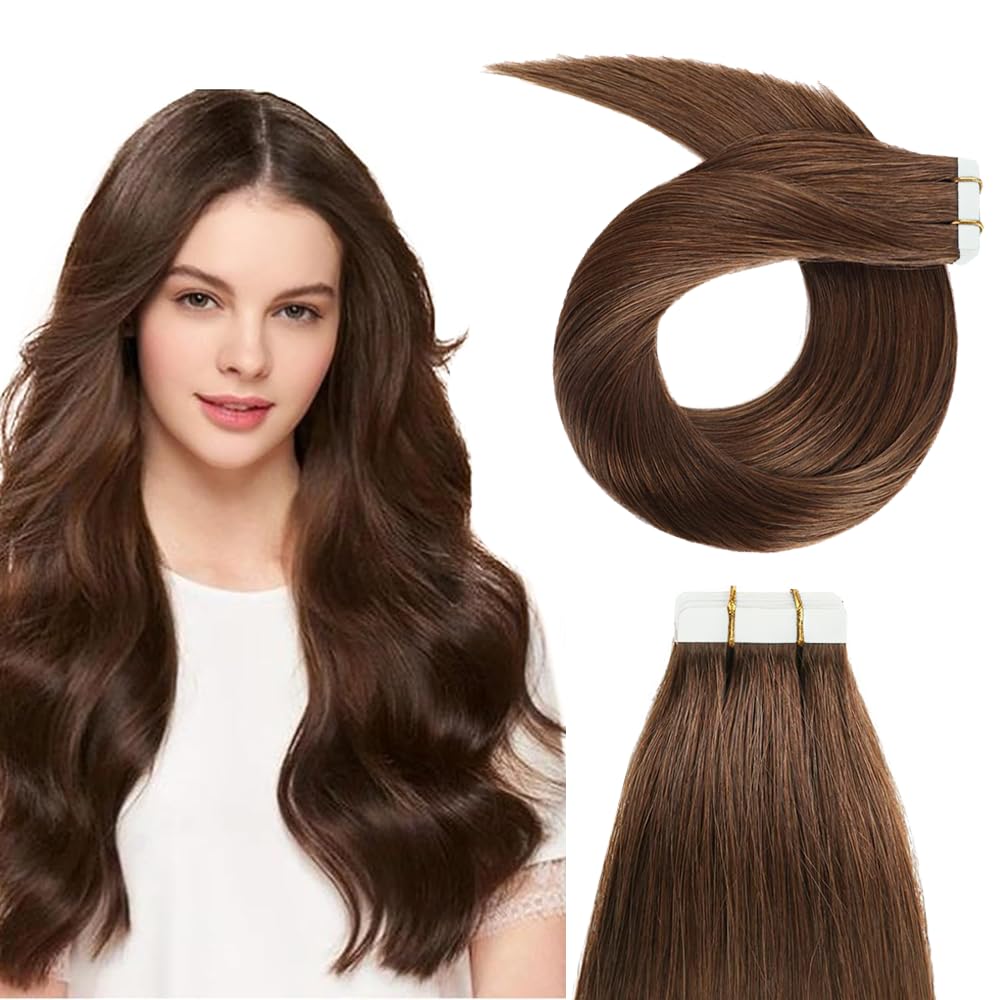 Photo 1 of #4 Chocolate Brown Tape in Extensions Human Hair 24 Inch Brown Straight Tape in Seamless Extensions Real Human Hair Skin Weft Seamless Invisible Unprocessed Virgin Remy Hair 50g 20 Pcs