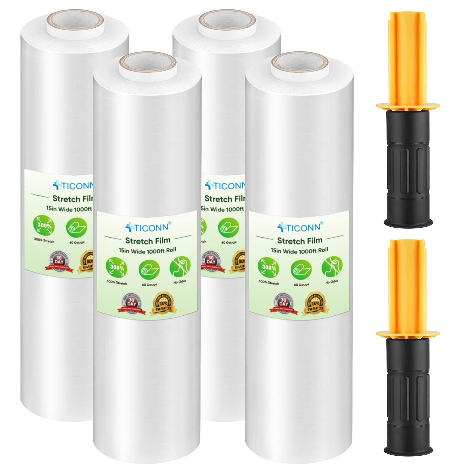 Photo 1 of TICONN 4Pk Stretch Wrap Stretch Film Roll, 1000ft Industrial Strength 15 inch Wide Clear Plastic Wrap with Handles for Pallet Wrapping Shipping Moving