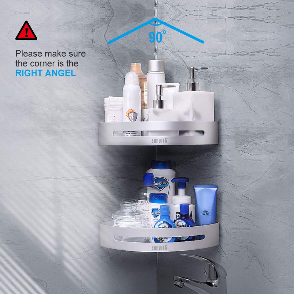 Mensole doccia, Sunvito Mensole Bagno Angolare Senza Foratura, Lega di Alluminio Anti-Ruggine con 2 Piani, Montato A Muro, Mensole per Doccia Bagno Cucina