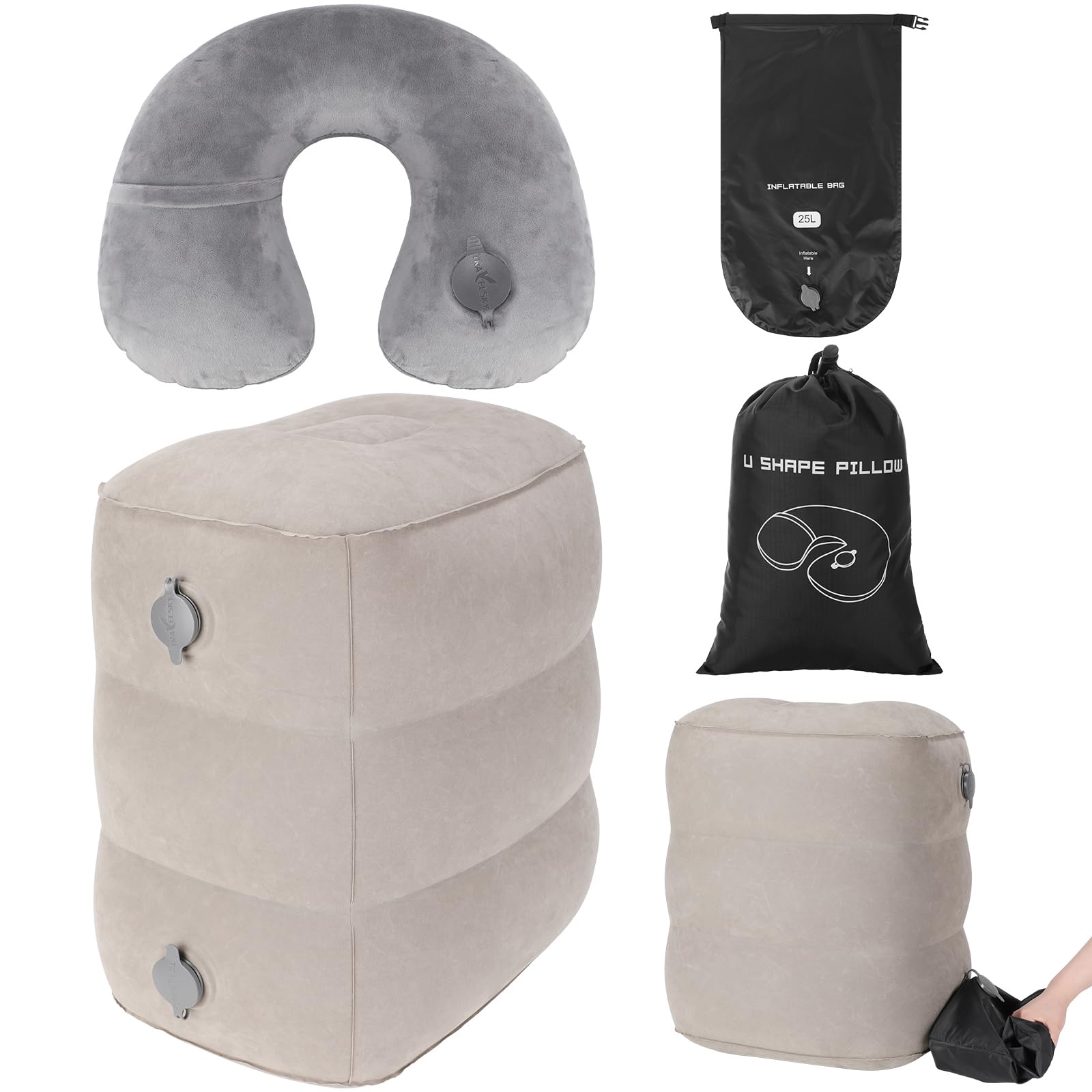 Photo 1 of Maxdot 2 Pack Inflatable Travel Neck Pillow Foot Rest Set with Blow up Bag Adjustable Air Foot Rest Pillow Airplane Bed Cushions Essentials for Air Travel Office Home Trains Cars Sleeping
