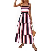 Yousify Womens Summer Maxi Dress 2026 Striped Casual Patchwork A Line Smocked Long Dress Boho Flowy Swing Beach Sundress