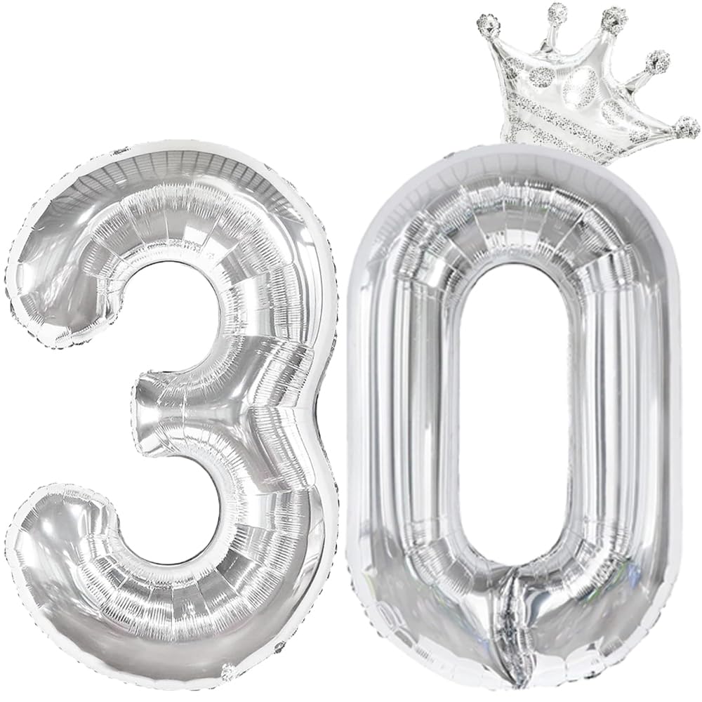 Photo 1 of 30 Silver Number Balloons, Big 40 Inch 30th Anniversary Decorations with Helium Mylar Crown Foil Reusable Digital Balloons for Thirty Birthday Ceremony Business Wedding Classroom Office Party Supplies