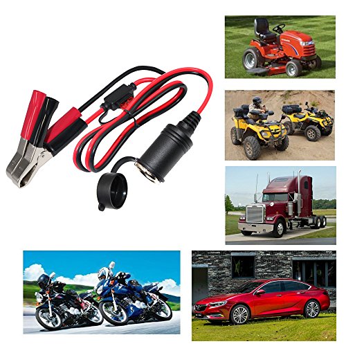 [2 Pack] KUNCAN Car Battery Clamp-on Extension Charge Cable - Female Car Cigarette Lighter Socket to Battery Alligator Crocodile Clips Connector with 10A Fuse 2FT 12V 24V