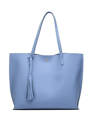 WestSweety Women Girl Minimalist Clean Cut Pebbled Tassel Leather Shoulder Bag Shopping Handbag Top Handle Satchel Large Tote Bag (Sky Blue)