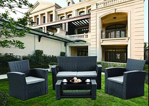 GREARDEN 4 Pieces Conversational Outdoor Furniture Complete Patio Cushion Wicker Rattan Garden Sofa Furniture Black Set