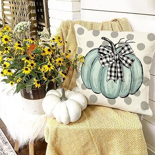 CROWNED BEAUTY Fall Outdoor Decorative Throw Pillow Covers 18 x 18 Inch Set of 4, Striped Truck Polka Dots Pumpkin Farmhouse Pillowcases for Couch (Green)