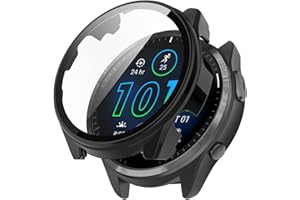 LOKEKE Compatible with Garmin Forerunner 965 Full Coverage PC Protective Case Cover Tempered Glass Screen Protector(PC Black)