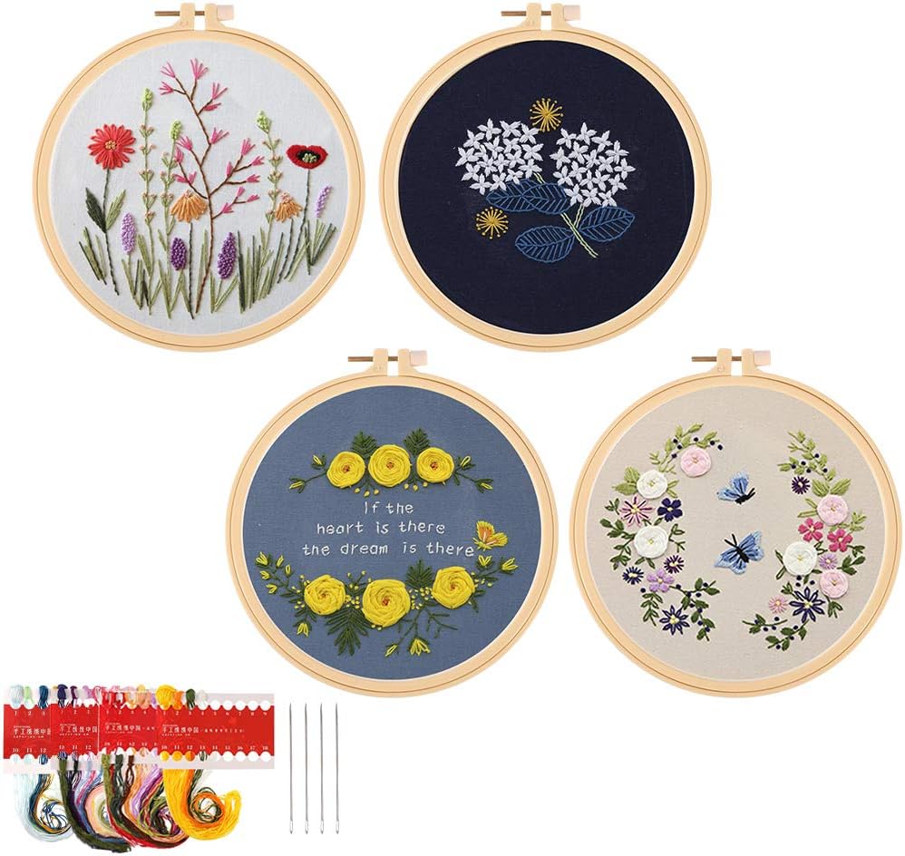 Thursday April 4 Pack Embroidery Starter Kit with Pattern Full Range of Stamped Cross Stitch Kit Include Embroidery Clothes, Threads and Plastic Embroidery Hoops